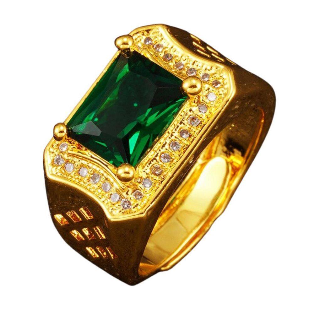 Anel Dourado Banhado Pedra Verde Zircônias Ajustável
