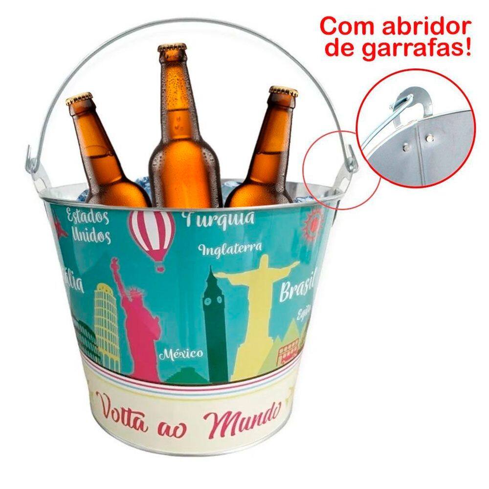 Kit 2 Baldes De Gelo Para Cerveja Estampado Em Metal Galvanizado Com Abridor 7,6 Litros