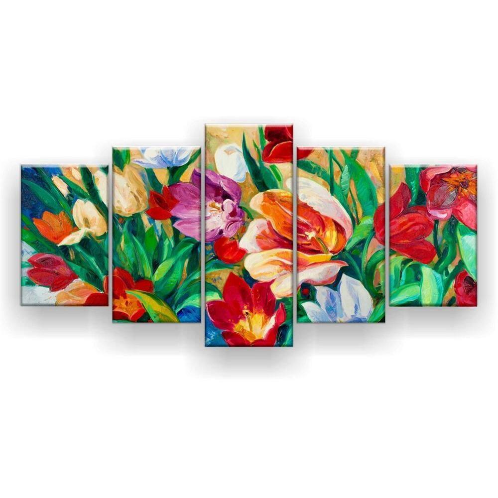 Quadro Decorativo Mosaico 5 Peças Pintura Vaso De Flores