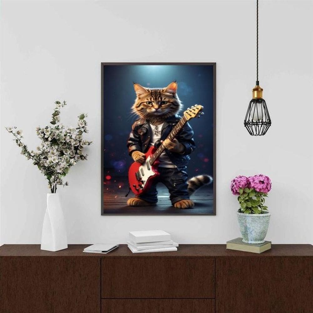 Quadro Gatinho Roqueiro - Guitarra 24X18Cm