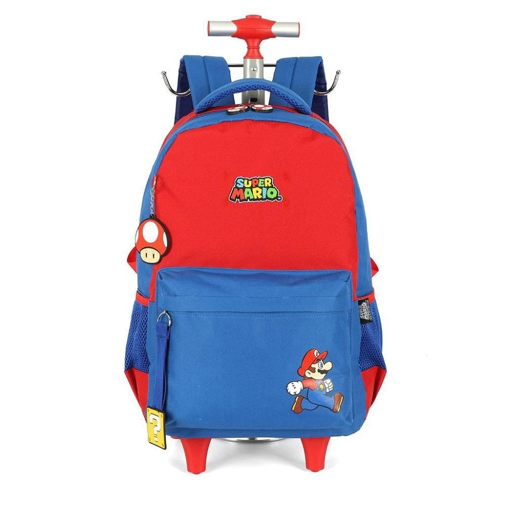 Mochila Rodinhas Com Alça Luxcel Super Mário Azul e Vermelho