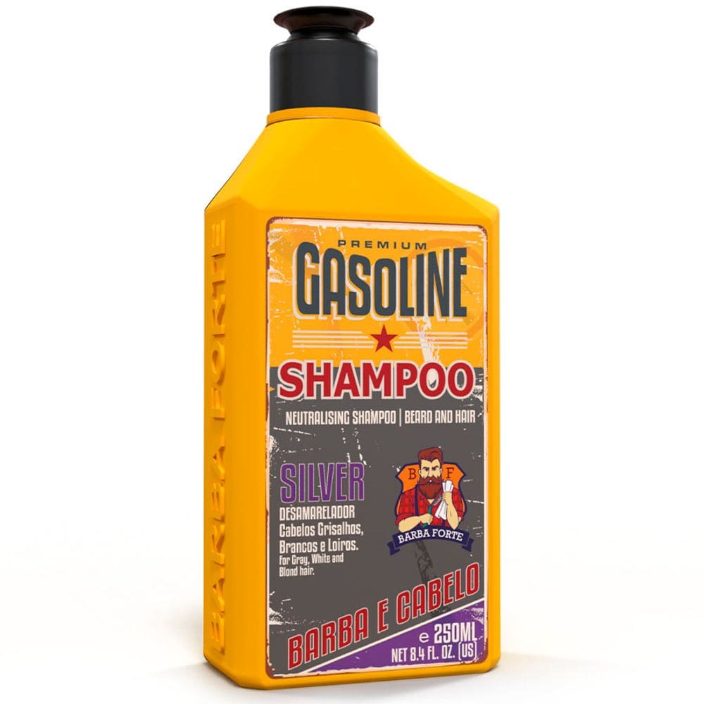 Shampoo Gasoline Silver Barba e Cabelo Desamarelador Grisalho Branco Loiro 250mL Barba Forte