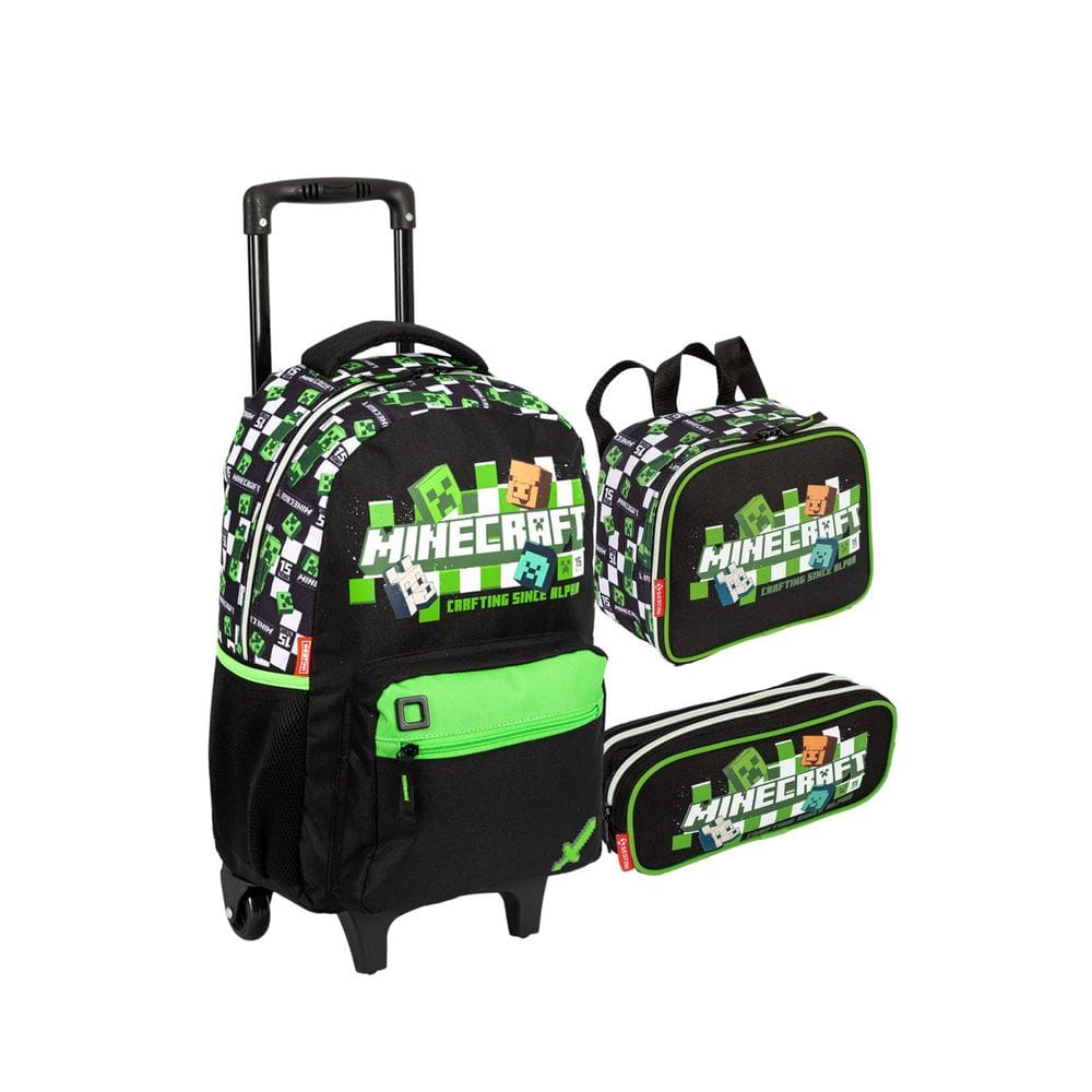 Kit Mochila Rodas Minecraft Lancheira Estojo Duplo Escolar