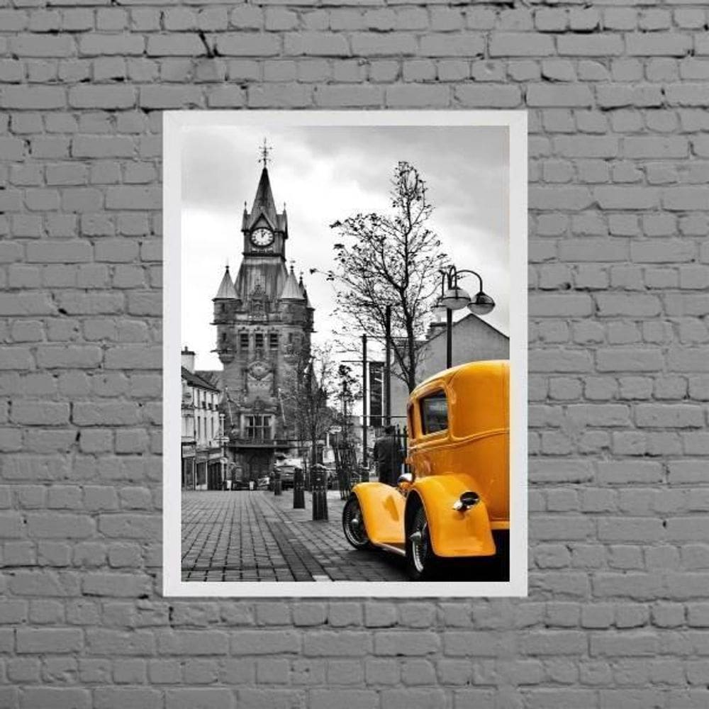 Quadro Carro Amarelo Londres 45X34Cm C/Vidro Madeira Branca