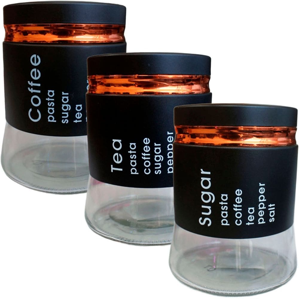 Kit 3 Potes Hermético Tea Coffee Sugar Mantimentos Em Vidro