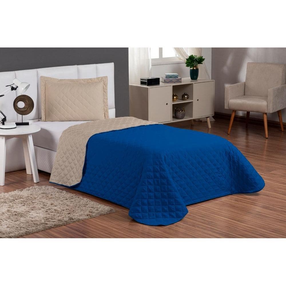 Kit Colcha Solteiro 3 Peças Dupla Face Com Viés Azul/Caqui