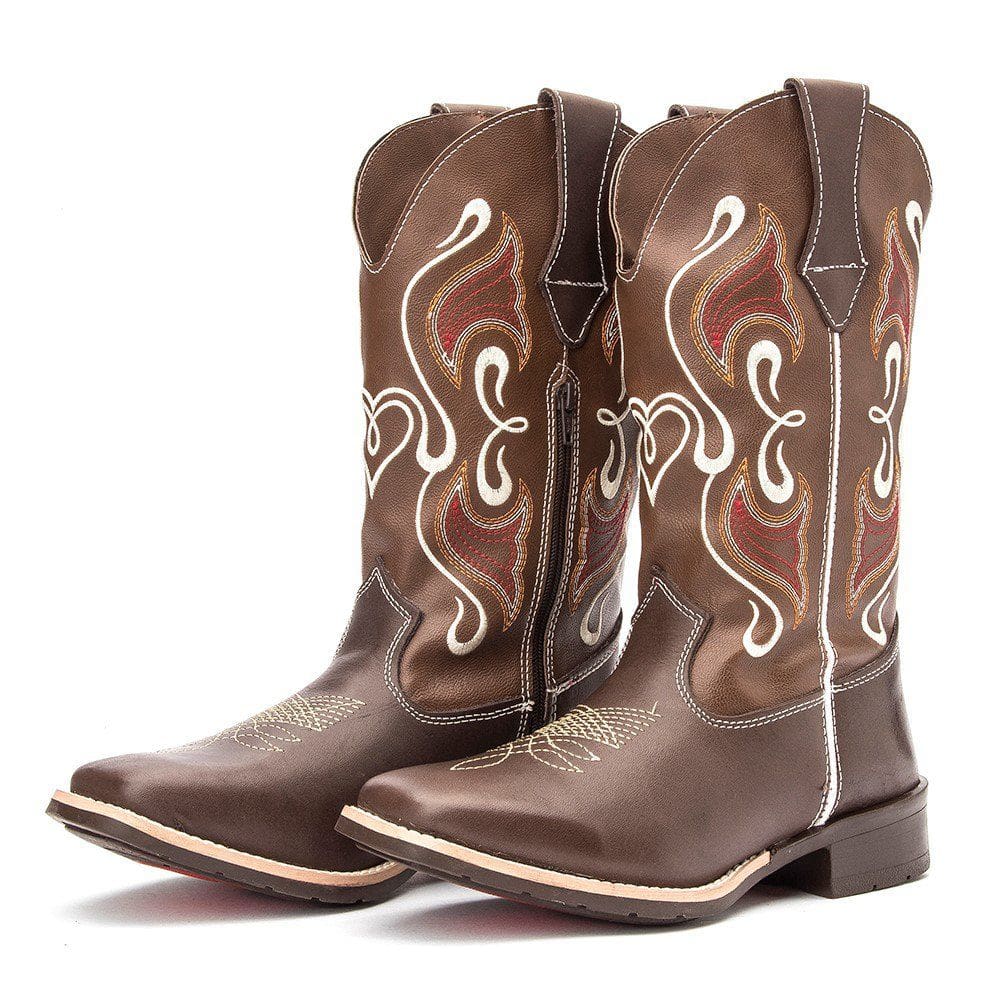 Bota Texana Feminina Country Couro Marrom Bordada Kapell