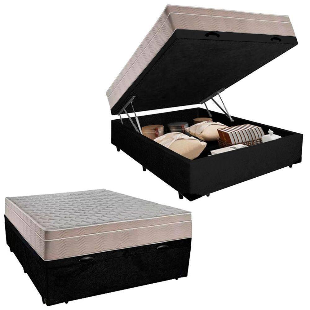 Cama Box Baú Casal Suede + Colchão Serene Molas Ensacadas 138x188x69 Preto
