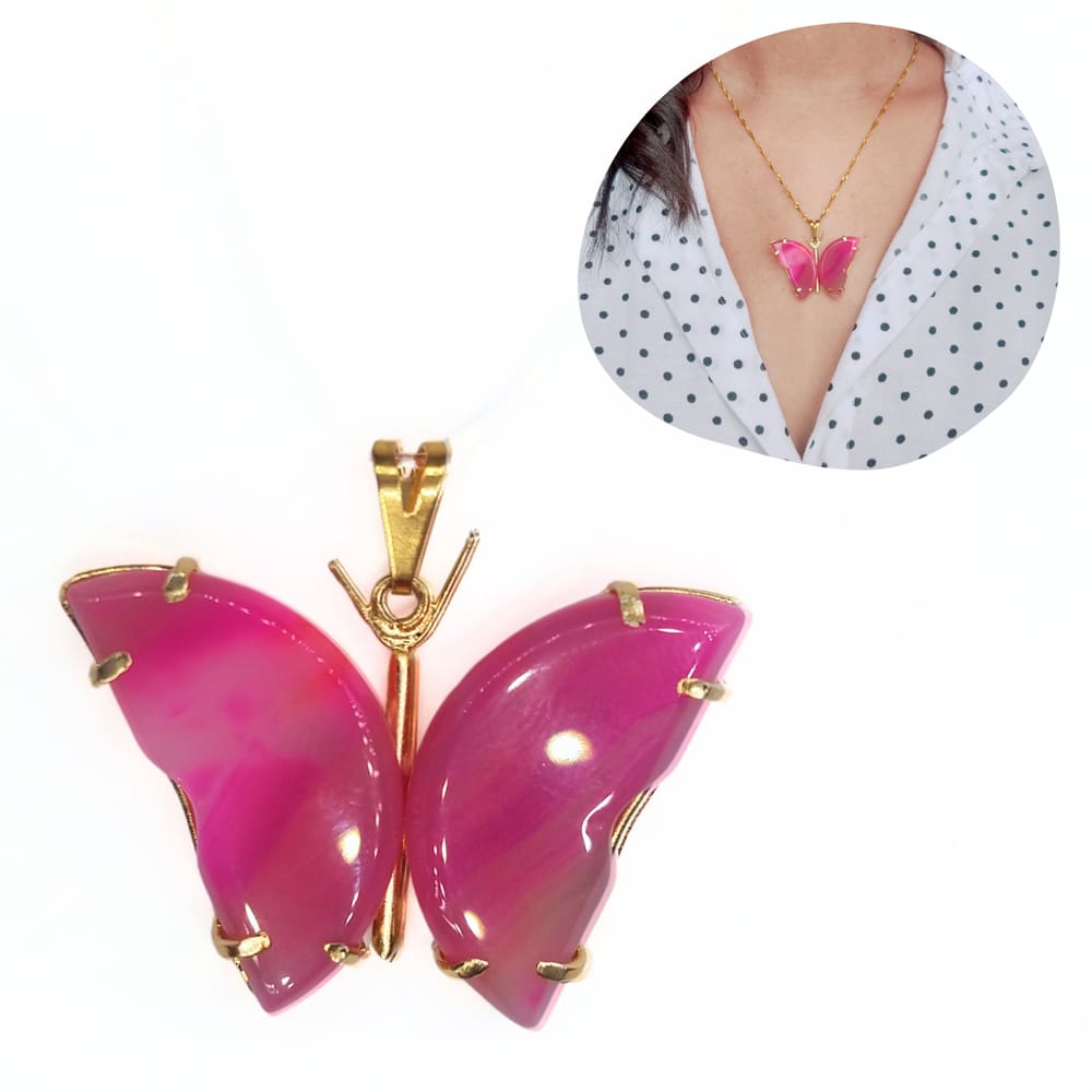 Pingente de Borboleta Pedra Ágata Rosa M