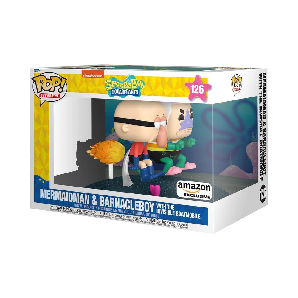Boneco de ação Funko Pop! Rides Deluxe Spongebob Mermaid Man e Barnacle Boy com barco-móvel invisível