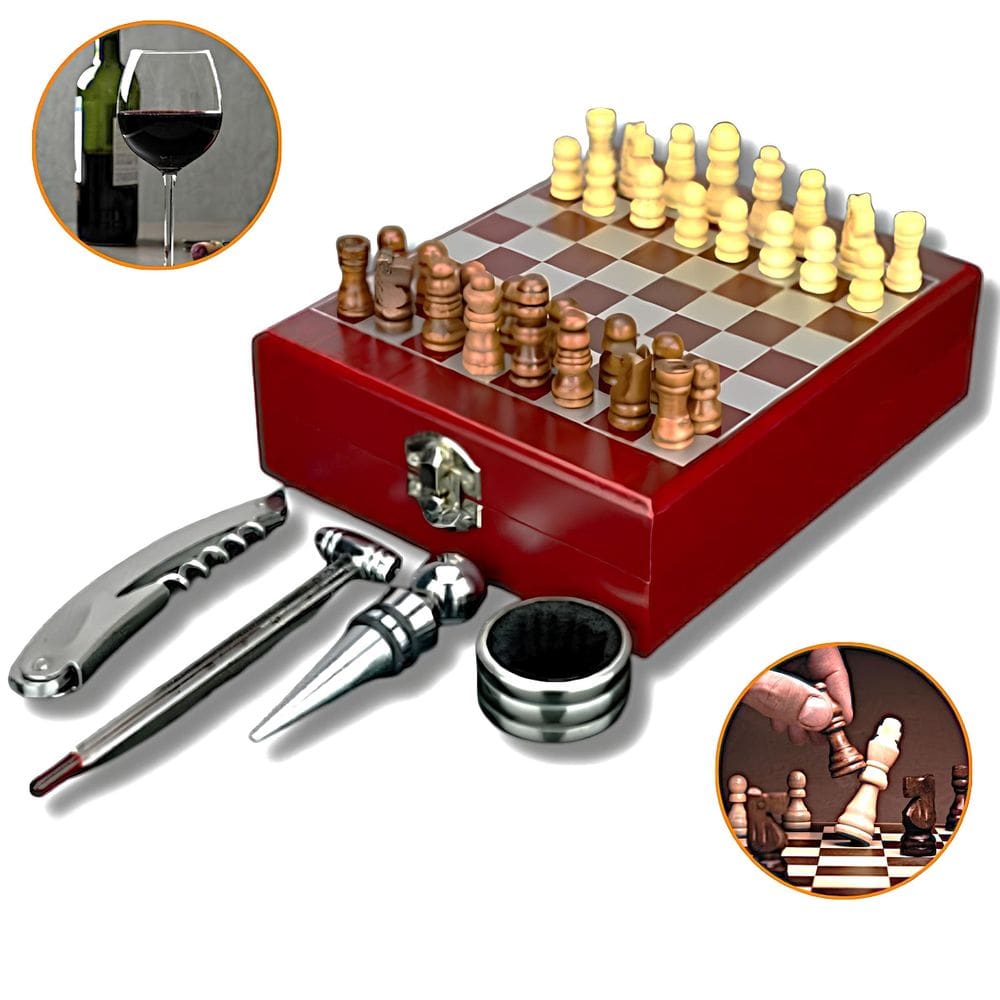 Kit Acessorios Vinho 4Pçs e Jogo Xadrez 32Pçs Maleta Tabuleiro Saca Rolhas Tampa Termômetro Presente