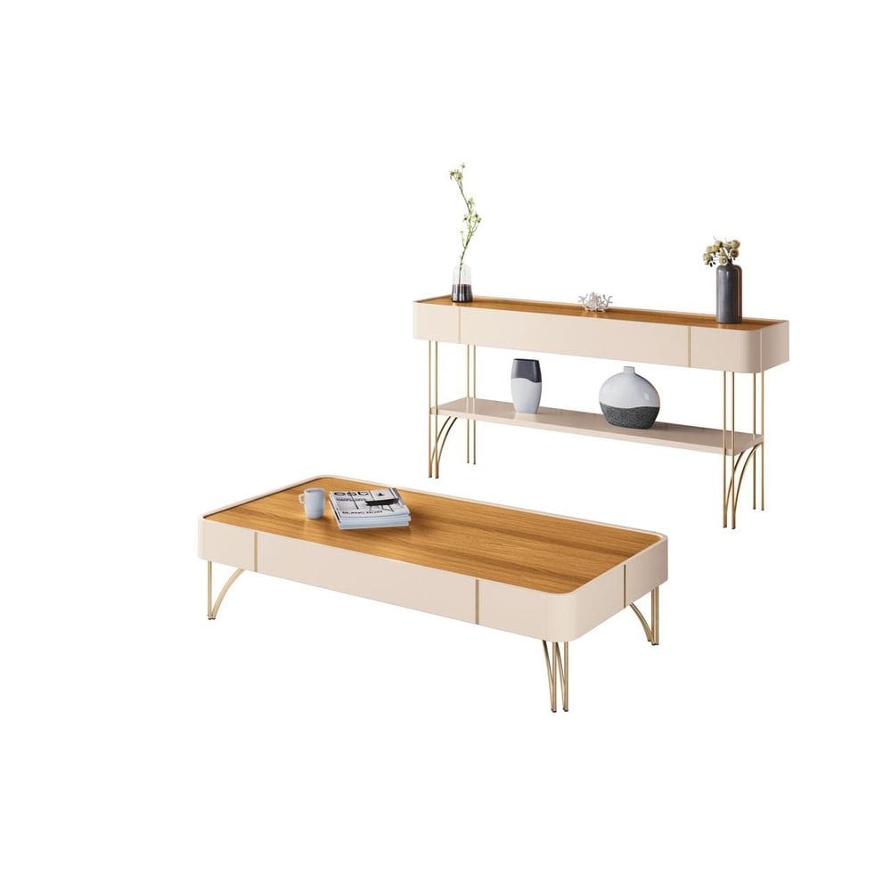 Conjunto Mesa De Centro Cadenza C/ Aparador Vivant P/ Sala Estar Escritório Área Gourmet Pés De Aço Maciço 1 Prateleira