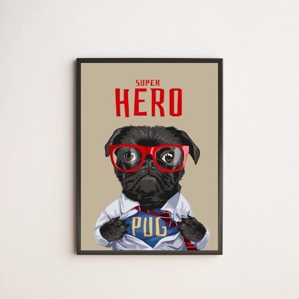 Quadro My Super Hero Pug 33X24Cm - Com Vidro