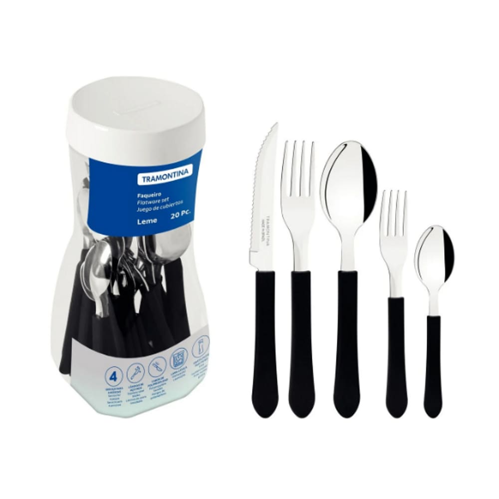 Faqueiro Talher LEME PRETO 20 Peças Tramontina aço inox + pote multiuso
