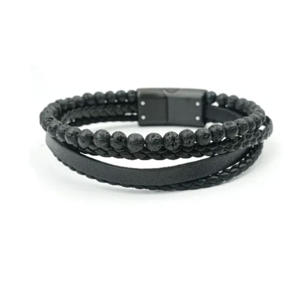 Bracelete Rosso 20Cm Couro Preto Trancado Shambala Vulganica