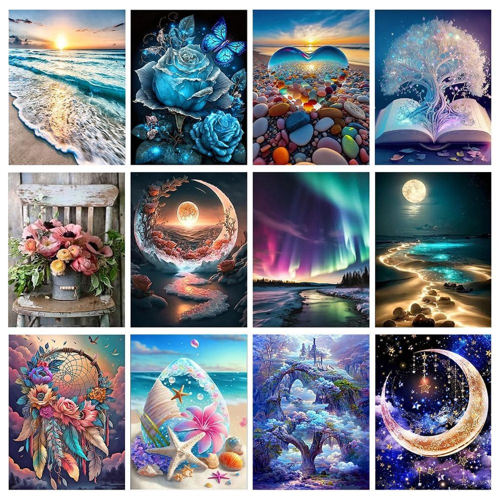 Kit de pintura de diamantes Mystara Landscape Moon Beach, pacote com 12