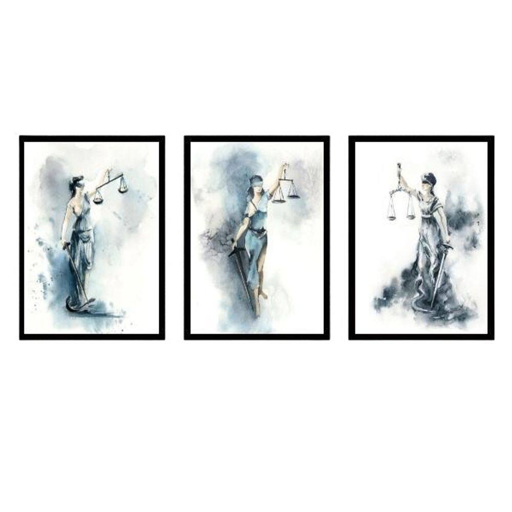 Quadros Deusa Justiça Azul Moldura Preta Vidro 24X18Cm 3Un