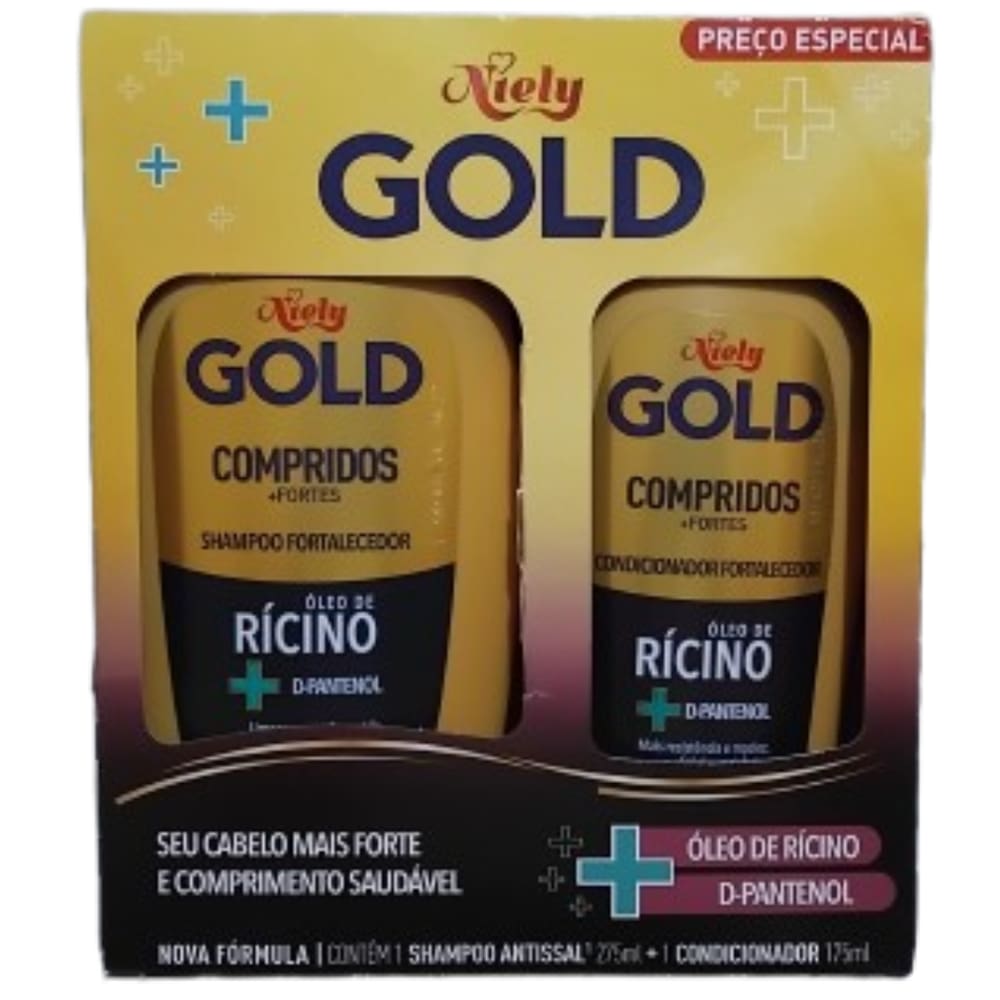 Shampoo e Condicionador Niely Gold Compridos + Fortes Óleo de Rícino + D-Pantenol