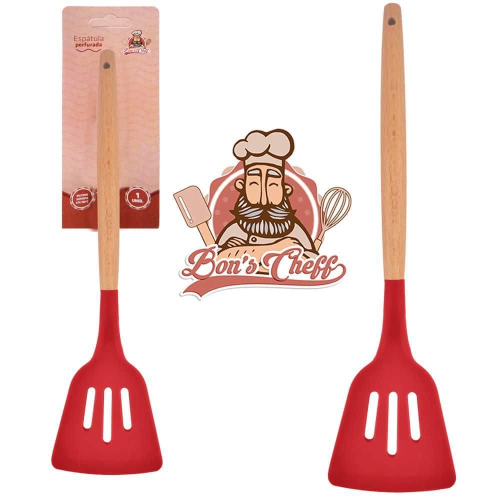 Espatula Vazada De Silicone Vermelho Cabo Madeira Bons Cheff