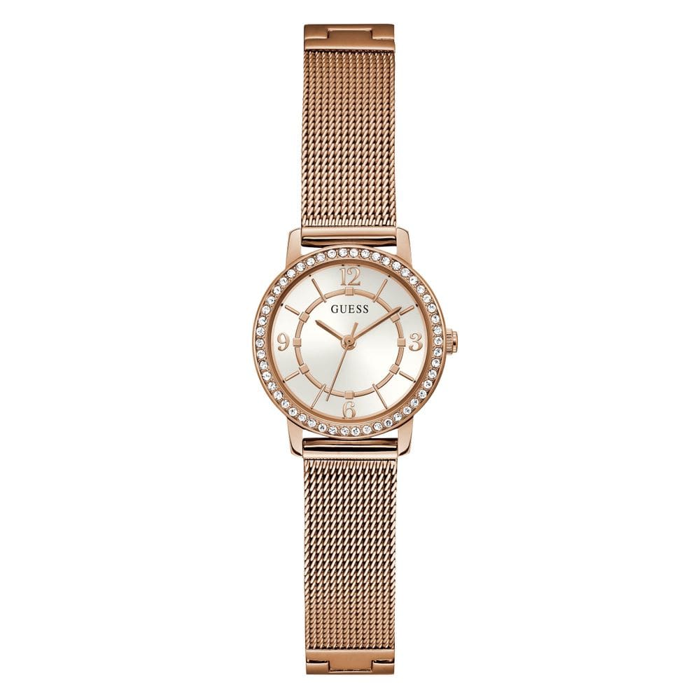 Relógio GUESS Ladies em tom de ouro rosa com mostrador branco, caixa de 28 mm