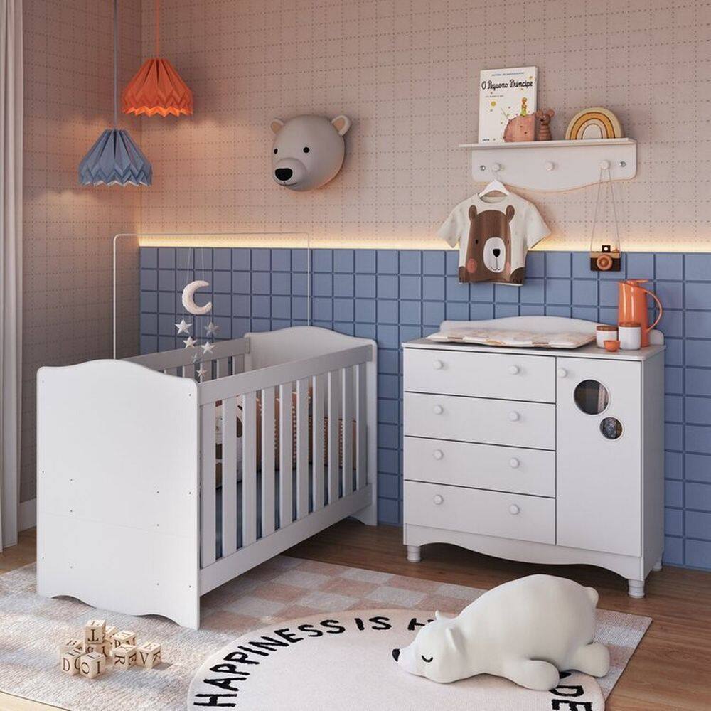 Conjunto Quarto de Bebê 1 Berço 1 Colchão 1 Cômoda Trocador 1 Prateleira Branco