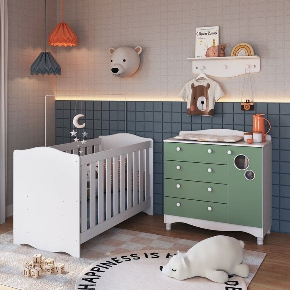 Conjunto Quarto de Bebê 1 Berço 1 Colchão 1 Cômoda Trocador 1 Prateleira Branco/Verde