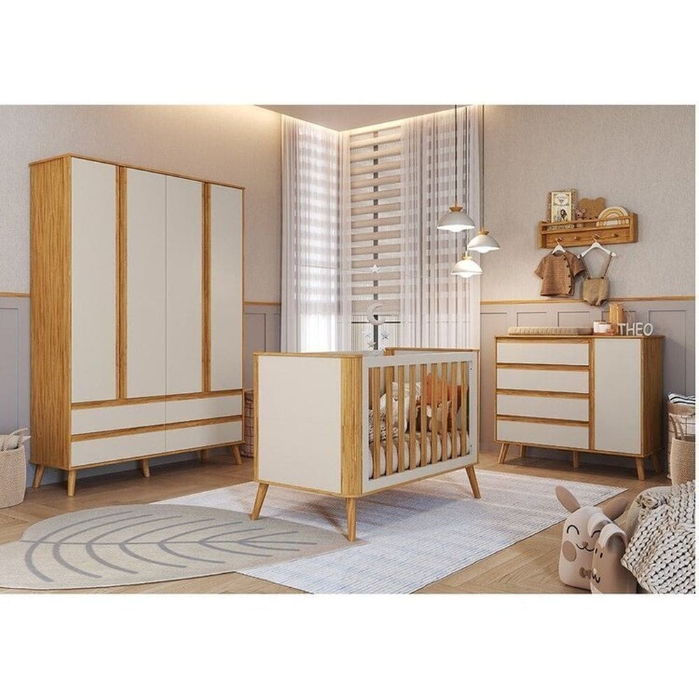 Quarto de Bebê Completo 1 Guarda-roupa 1 Cômoda 1 Berço Minicama 100% Mdf Luly Espresso Móveis Off White/Amêndoa
