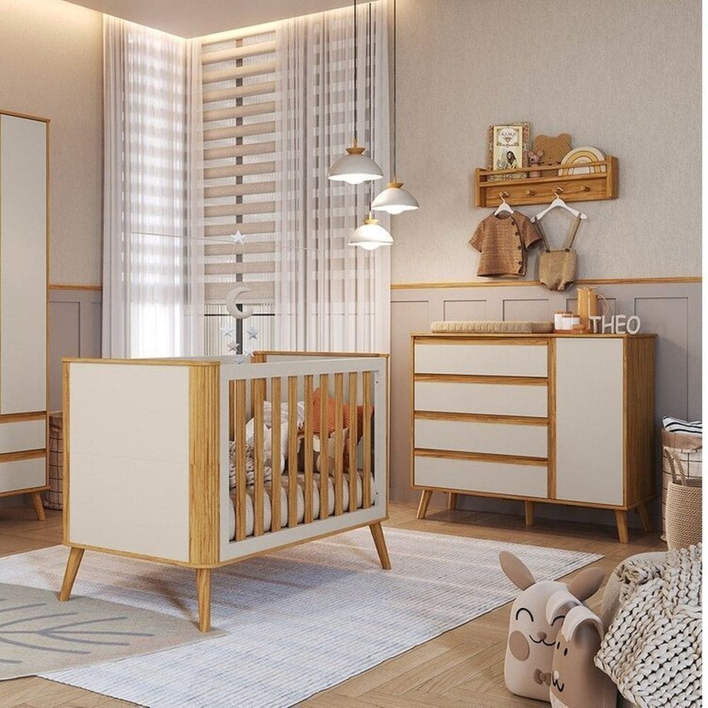Quarto de Bebê com Cômoda 1 Porta 4 Gavetas e Berço Minicama 100% Mdf Luly Espresso Móveis Off White/Amêndoa