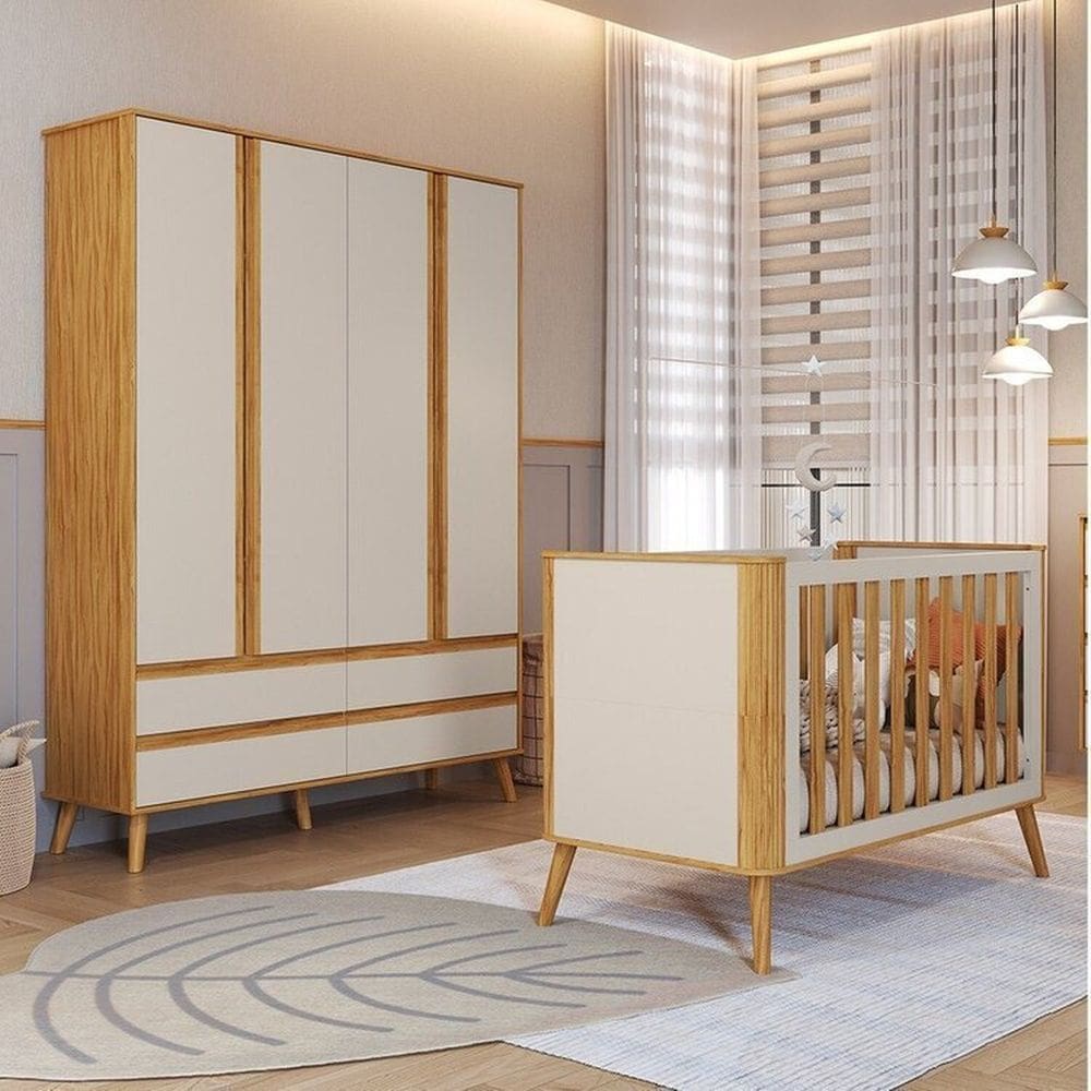 Quarto de Bebê com Guarda-roupa 4 Portas e Berço Minicama 100% Mdf Luly Espresso Móveis Off White/Amêndoa