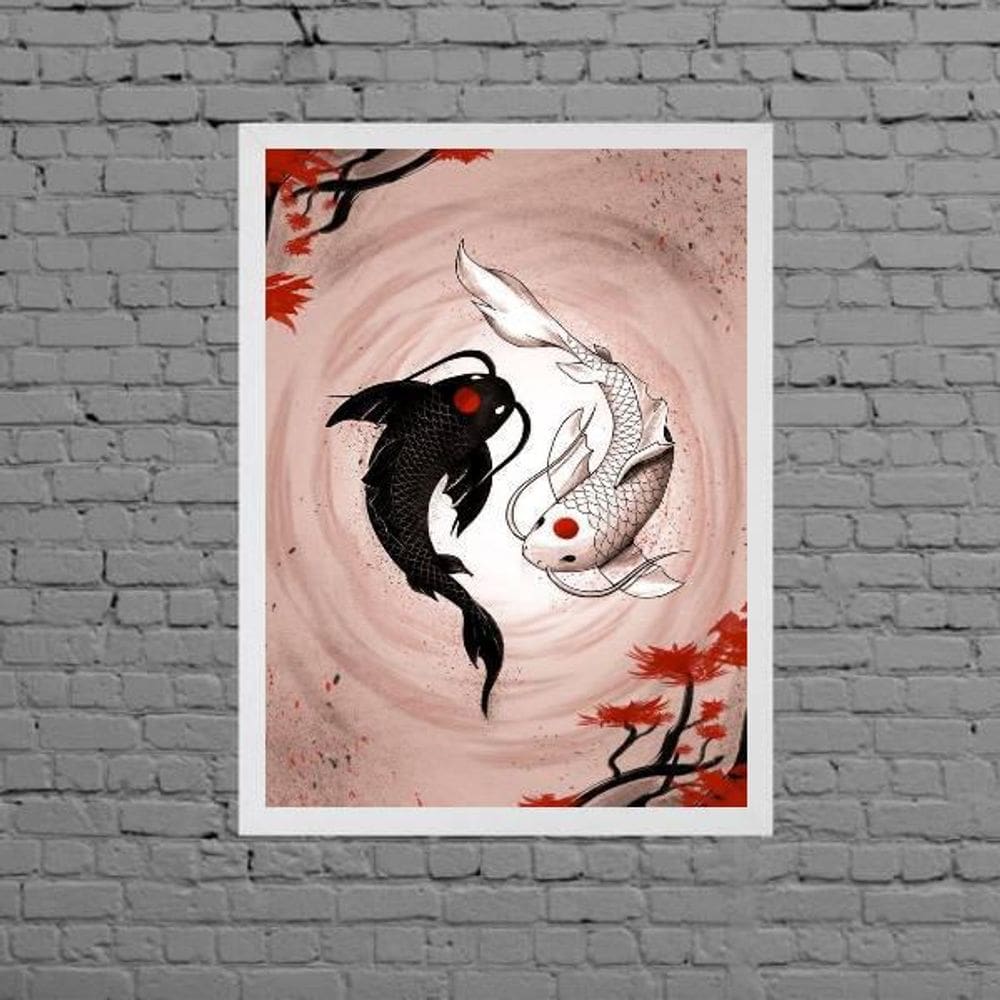 Quadro Decorativo Carpas Yin-Yang 45X34Cm Moldura Branca