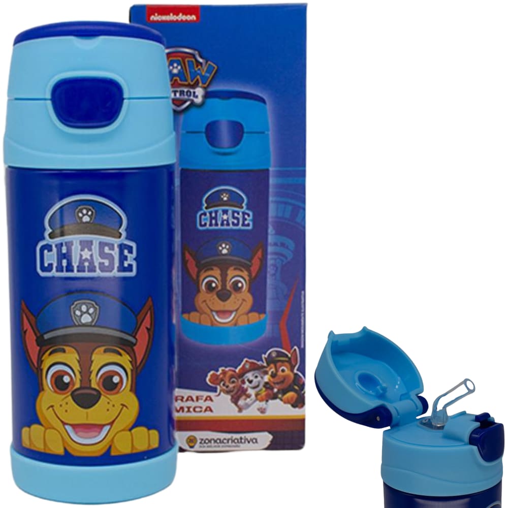 Garrafa Chase Térmica Quente Gelada Infantil Com Canudo De Silicone Azul 350ML Oficial Patrulha Canina Nickelodeon