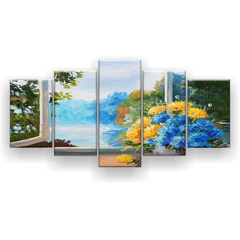Quadro Decorativo Mosaico 5 Peças Paisagem Vaso De Flores