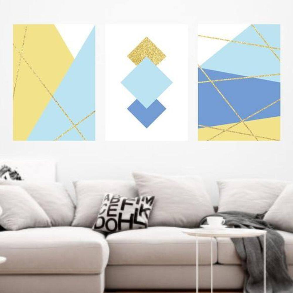 Quadros Geométrico Azul Claro Moldura Branca 24X18Cm 3 Peças