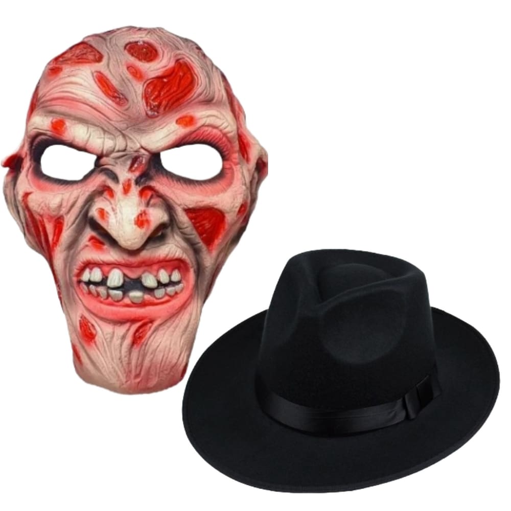 Kit Fantasia Freddy Krueger Máscara De Latex + Chapéu Fantasia Adulto Halloween Cosplay Terror Anime