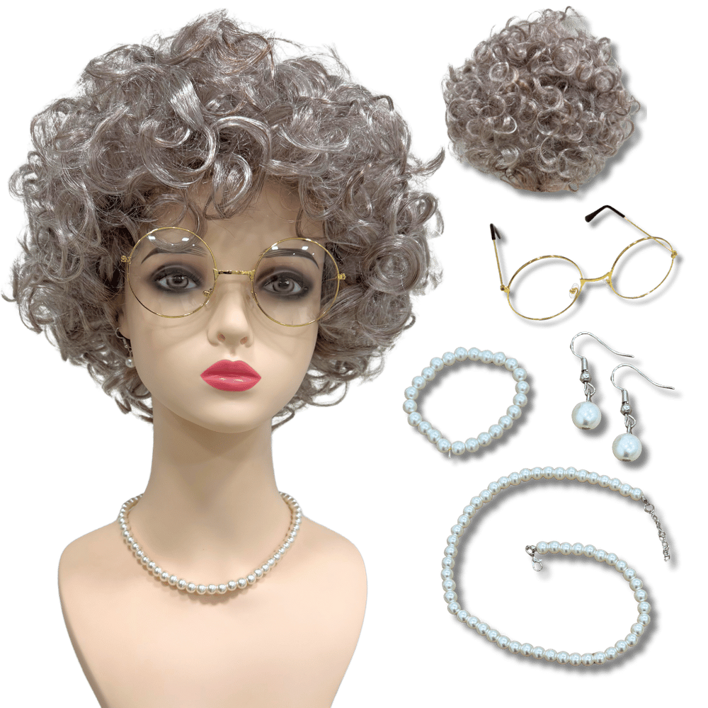 Kit completo peruca da vovó vovozinha idosa cacheada loira