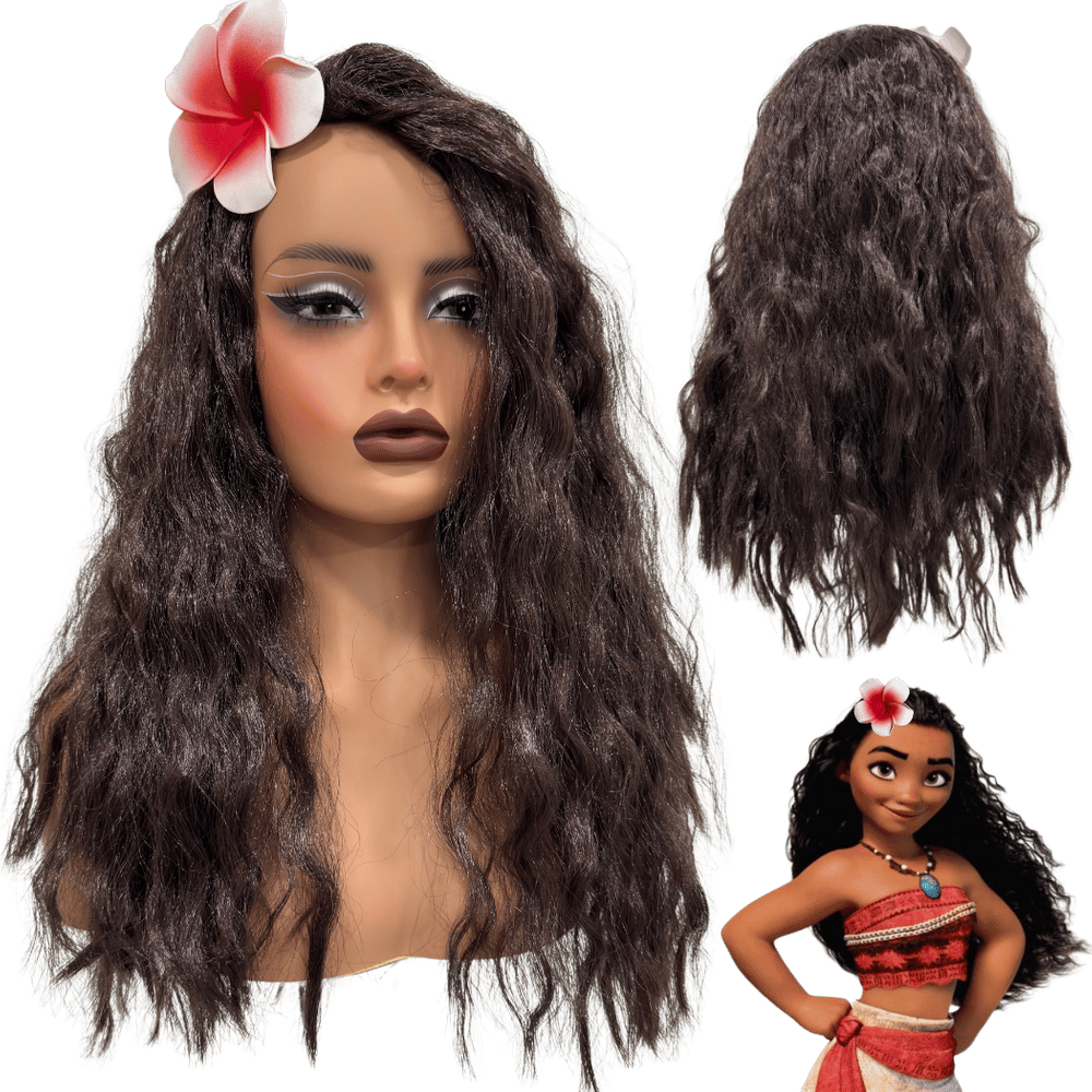 Peruca Moana cacheada volumosa castanho claro flor cosplay