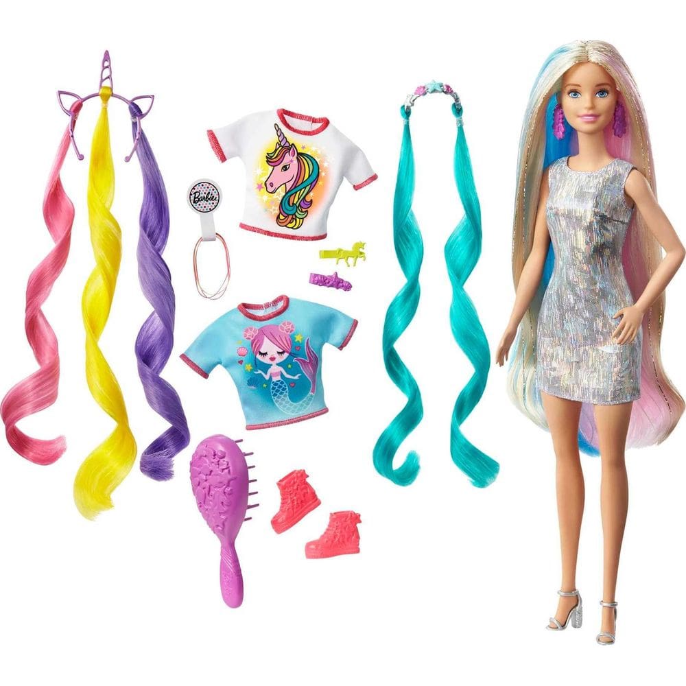 Boneca Barbie Fantasy Hair com roupas de sereia e unicórnio