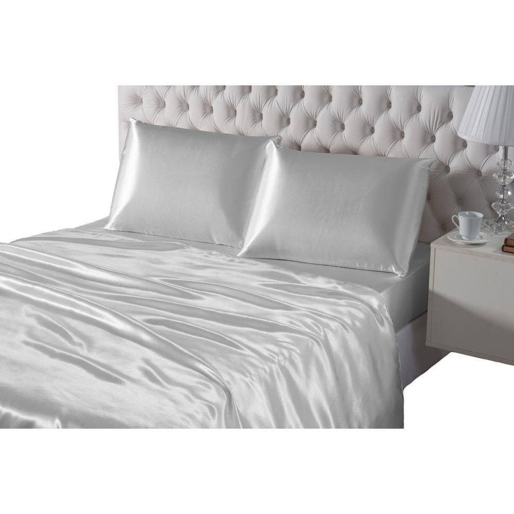 Lençol 4 Peças Casal Queen Prata Seda Lençol De Cima