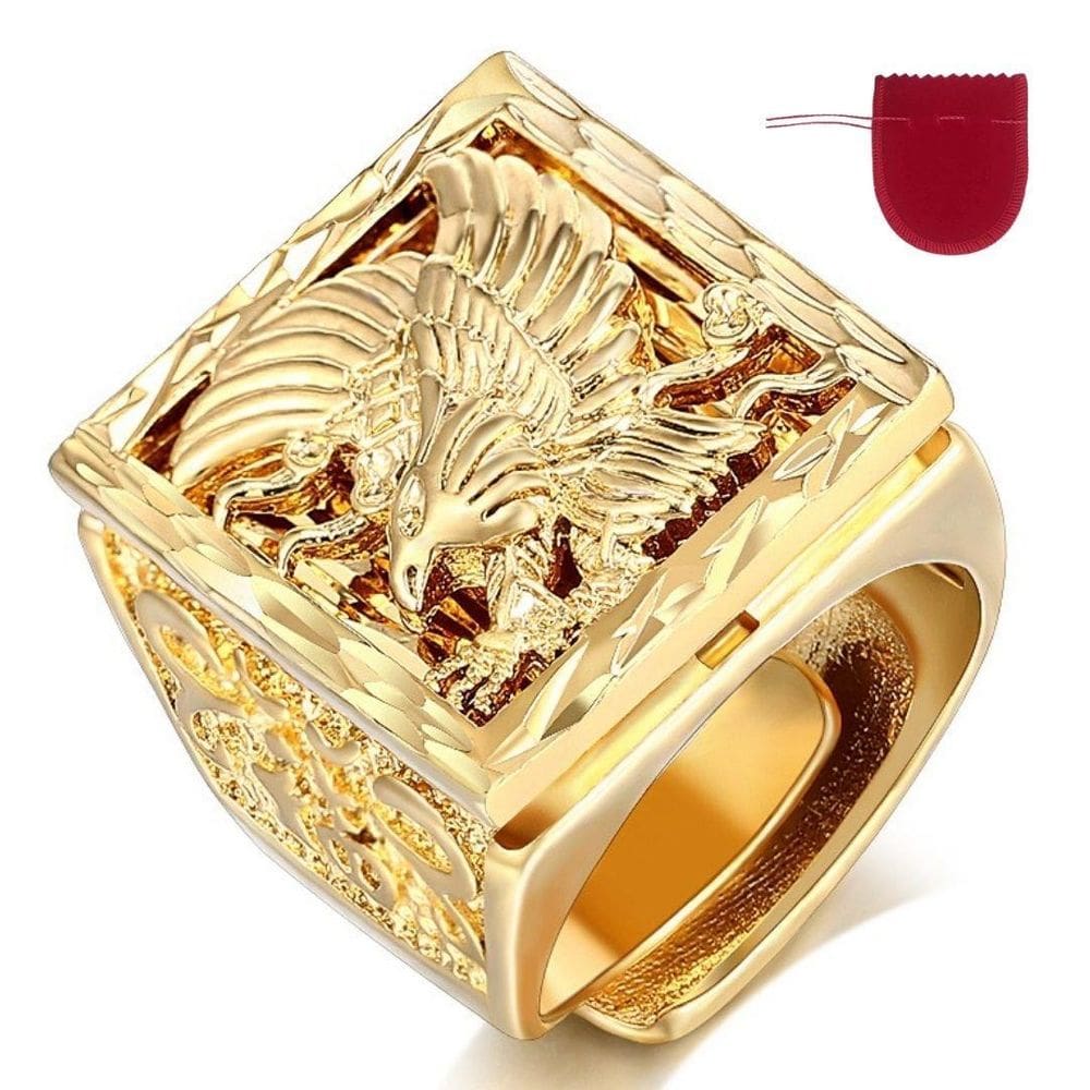 Anel Grande Masculino Águia Banhado A Ouro Ajustável