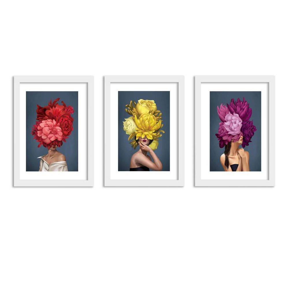 Kit 3 Quadros Decorativos Com Moldura Branca Mulher Flores