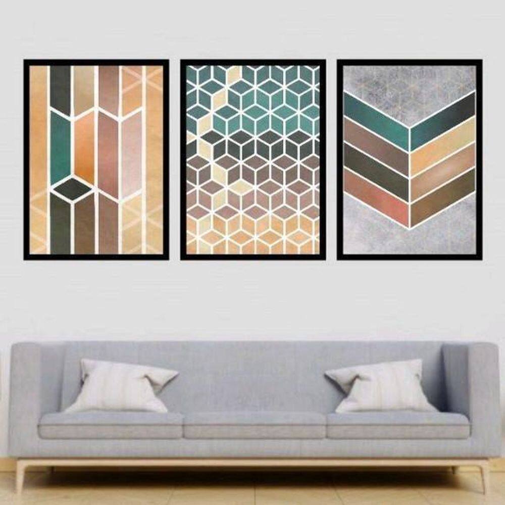 Kit 3 Quadros Geométrico Cubos Coloridos 45X34 Moldura Preta