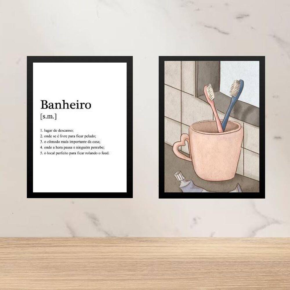 Kit 2 Quadros Banheiro Casal - Escovas Dente 45X34Cm - Vidro
