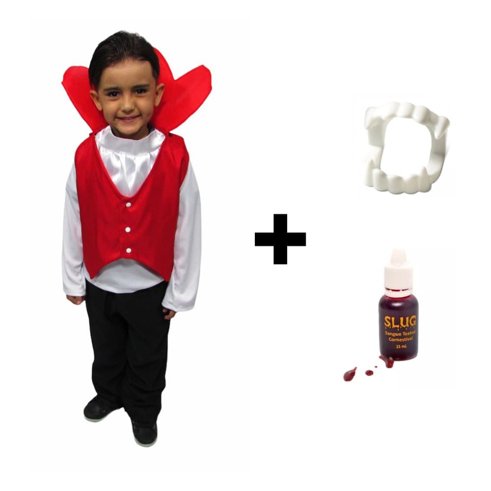 Fantasia Halloween Infantil Vampiro Completo Bebê Menino Conde Drácula com Sangue e Dentadura Dia das Bruxas