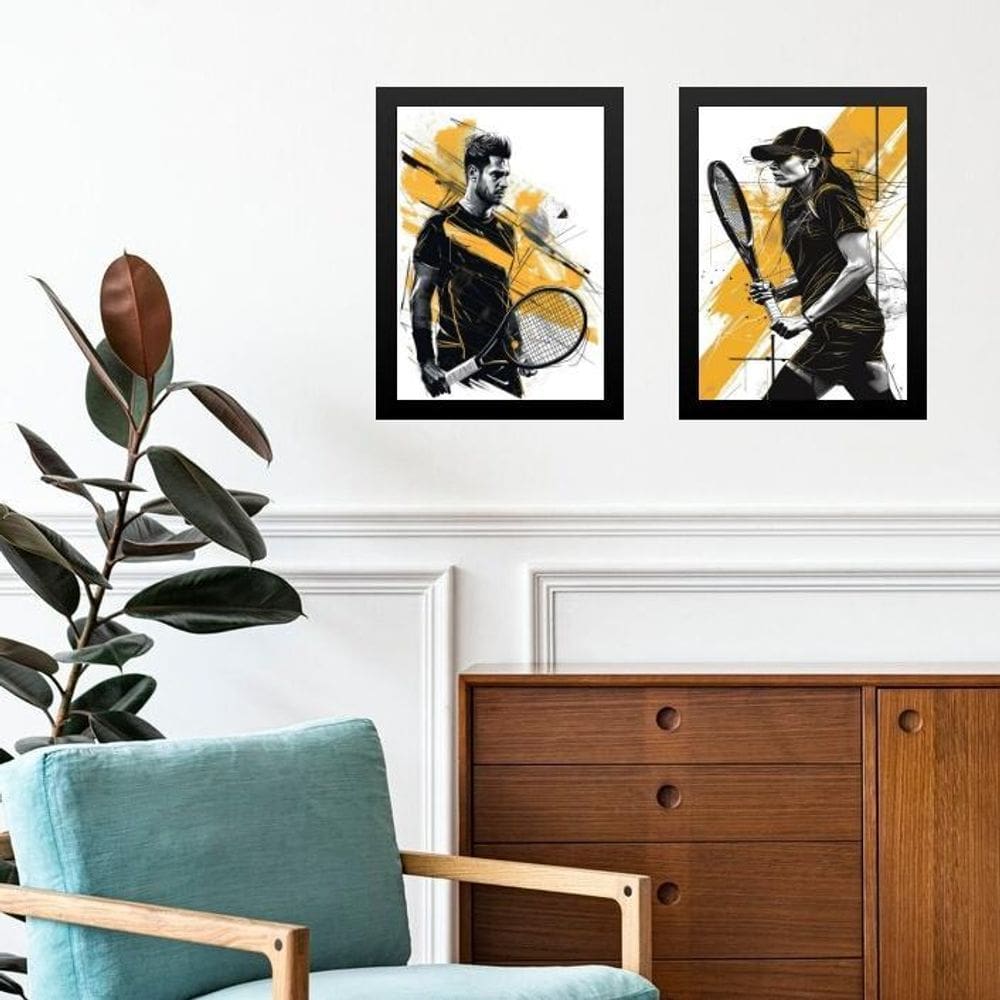 Kit 2 Quadros Gravuras Tenistas Preto E Amarelo 45X34Cm