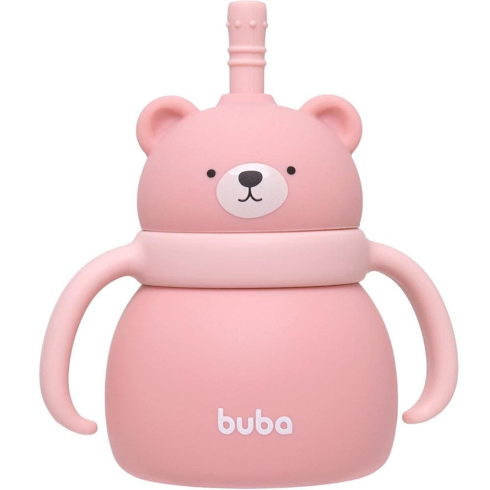 Copo de Silicone Buba Com Canudo Ursinho Rosa