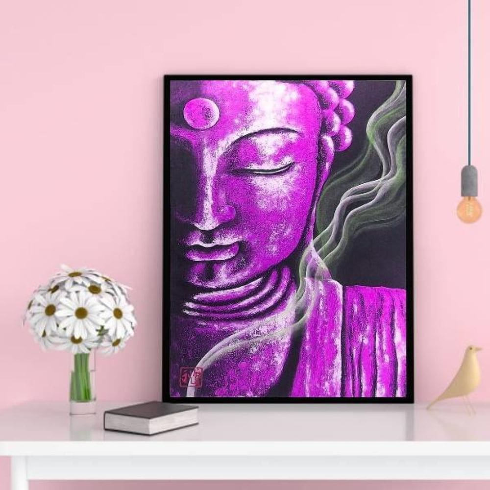 Quadro Decorativo Buda Roxo 33X24Cm - Madeira Preta