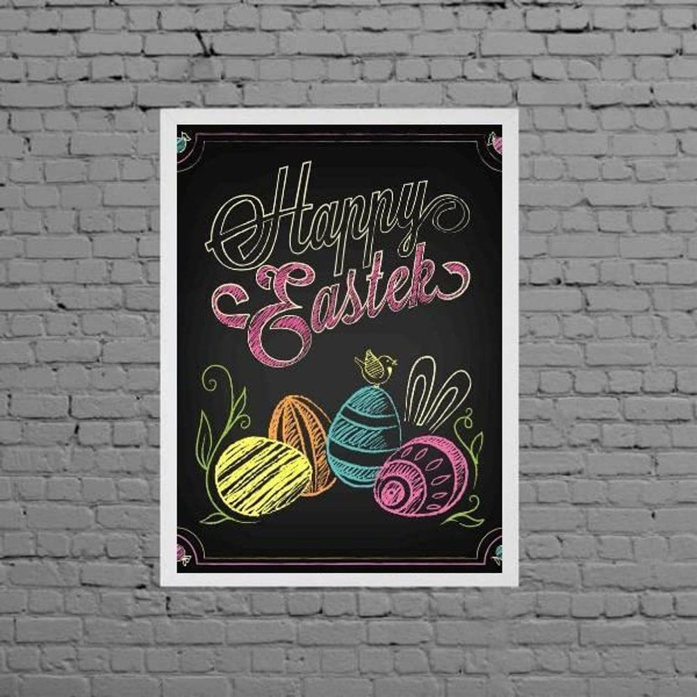 Quadro Feliz Páscoa Happy Easter 33X24Cm Moldura Branca