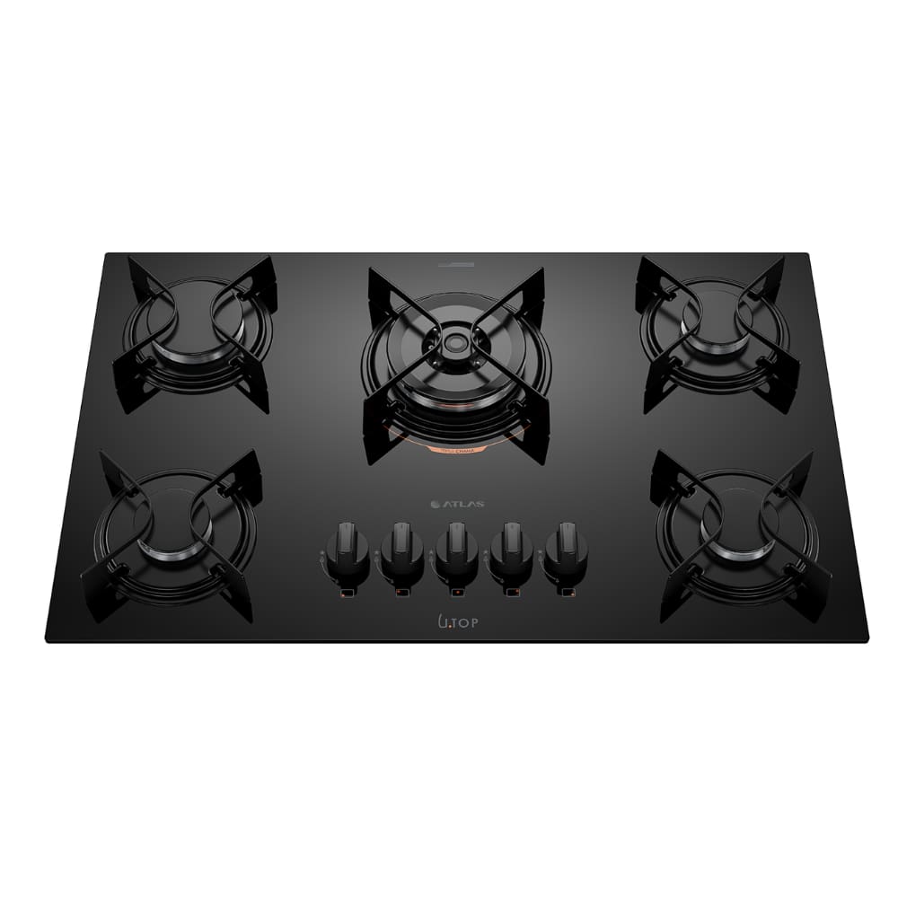 Cooktop 5 Bocas Preto com Mesa de Vidro e Tripla Chama Atlas U Top Bivolt