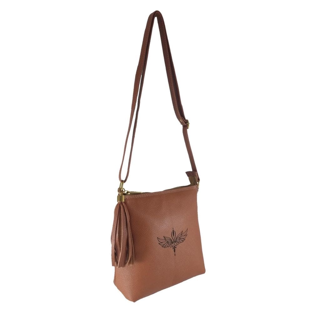 Bolsa Transversal Topgrife Estampa Ave Fenix Couro Caramelo