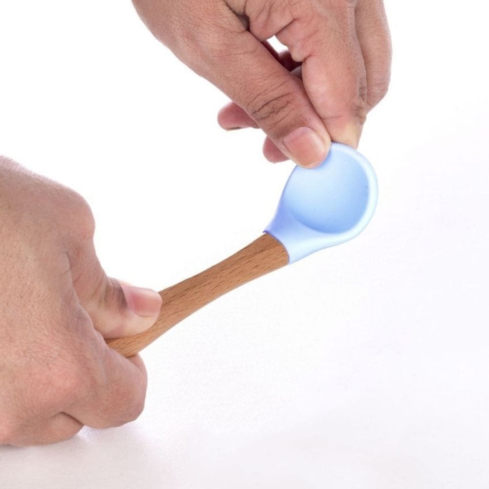 Colher Infantil De Silicone Cabo Em Bambu Refeição Bebê Azul